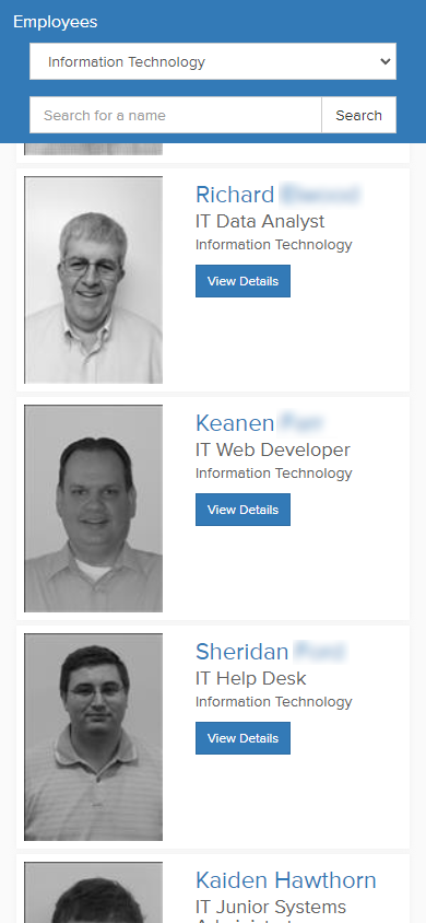 A screenshot on a mobile device displaying a list of employees